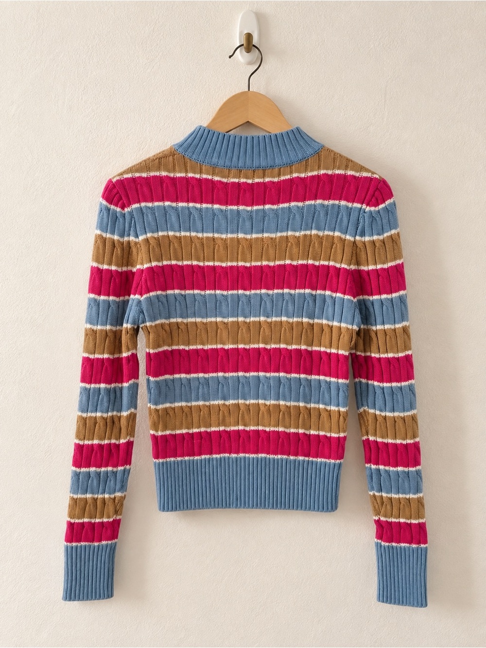 Cable Knit Striped Cropped Sweater Pink Blue Tan Size Small